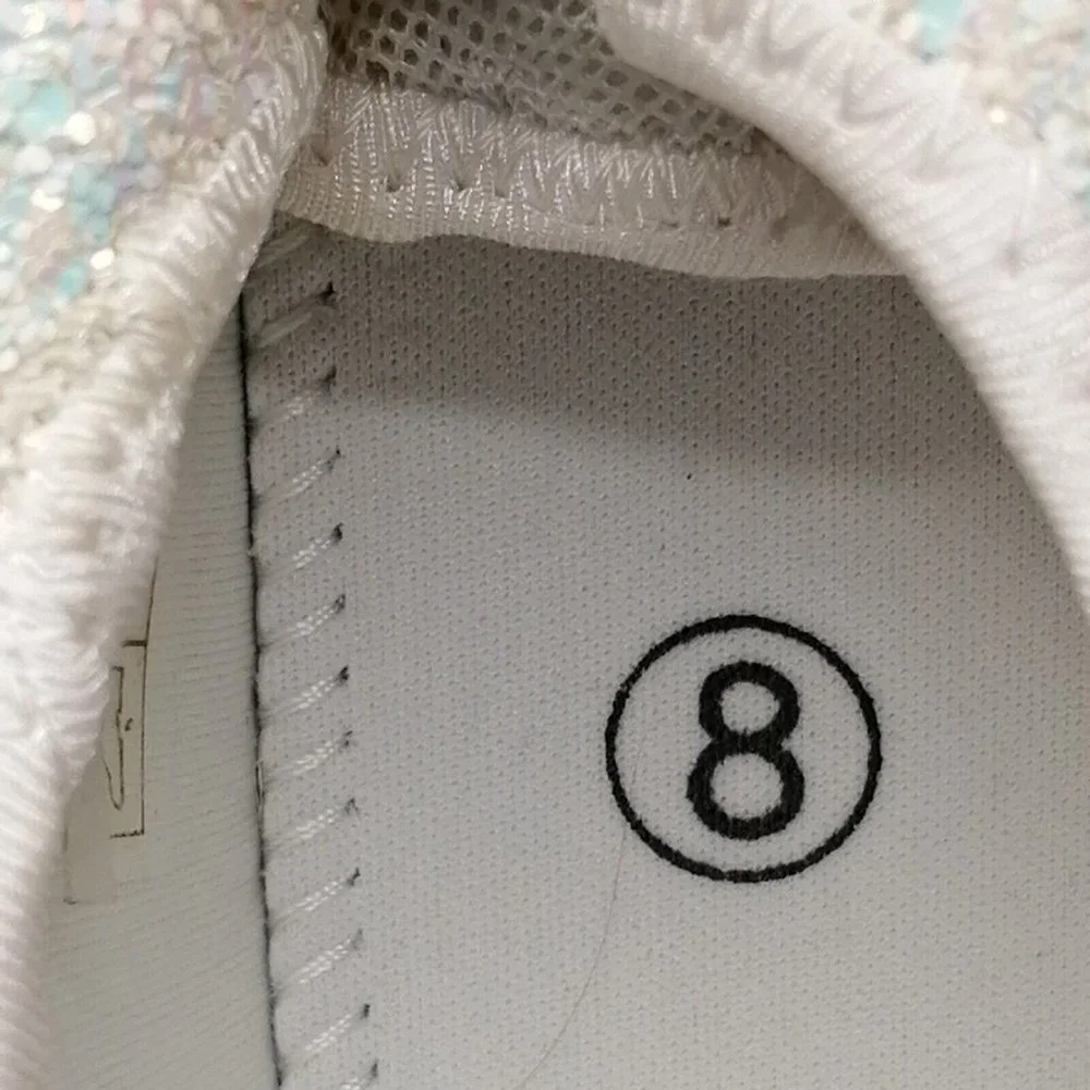 Womens Flat Heel Lace Up Low Top‎ Sneaker Cushioned Insole White Glitter Sz 8